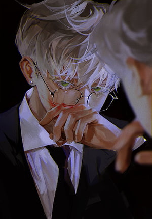 White-Haired Anime Boy in Glasses with Tears and Blood on His Lip HD phone wallpaper