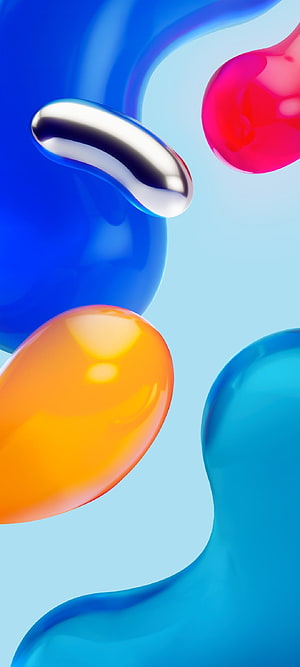 Abstract 3D Render of Glossy Colorful Liquid Blobs and Fluid Shapes on Blue Background HD phone wallpaper