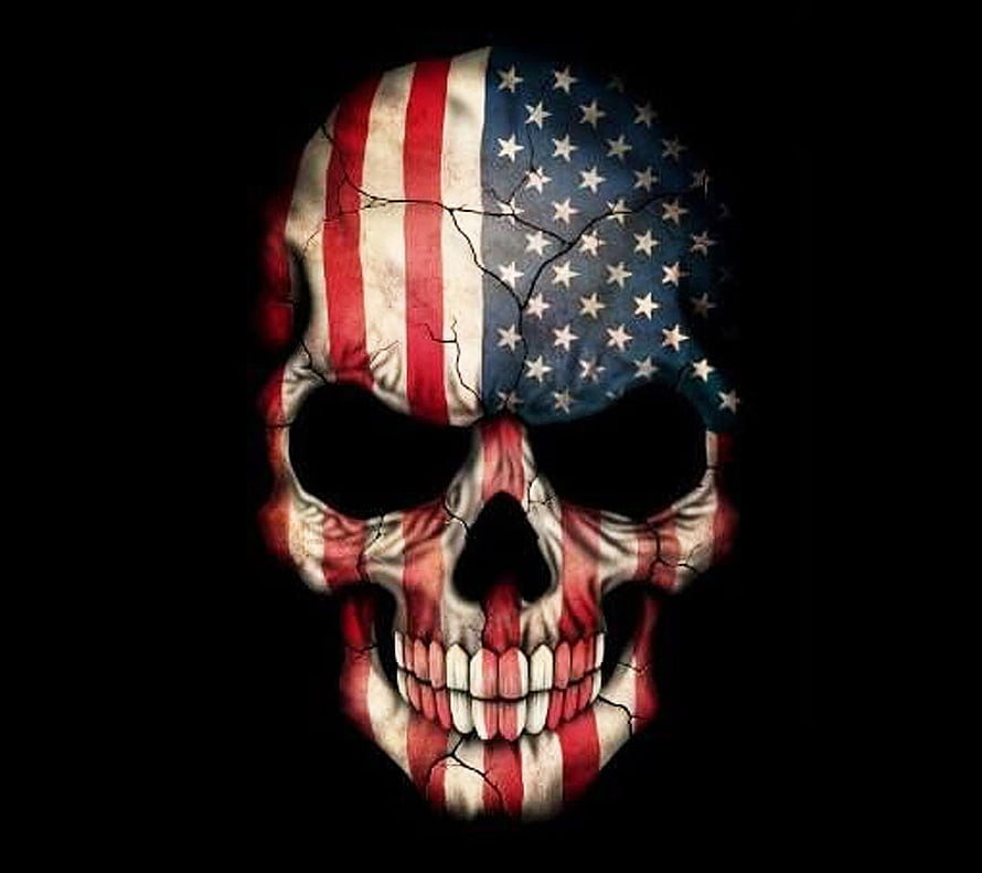 Cracked Human Skull Wrapped in American Flag Pattern on Black Background, Cool Skull Background, Awesome Skull HD wallpaper