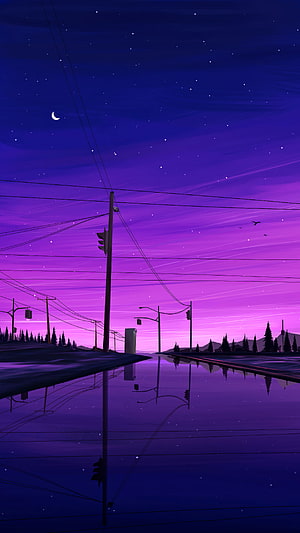 Purple Twilight Street Scene With Reflections And Starry Night Sky HD phone wallpaper