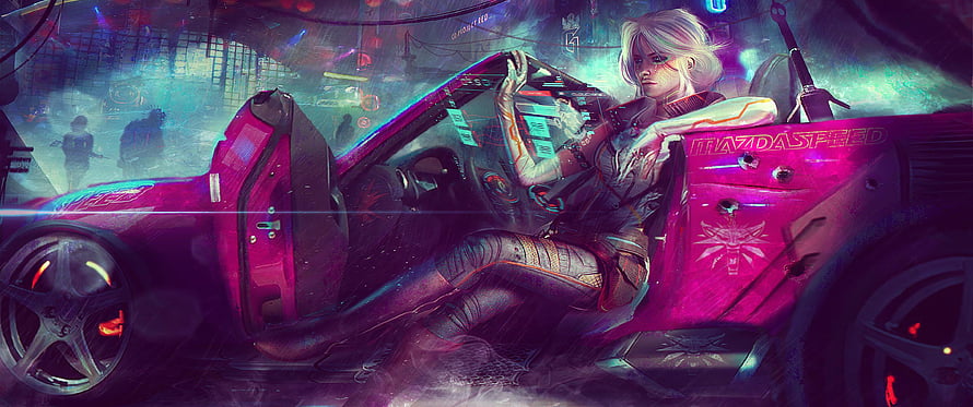 Cyberpunk Anime Girl Leaning on Pink Sports Car in Neon City HD wallpaper