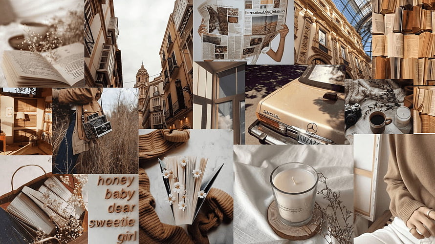 Vintage Aesthetic Mood Board Featuring Sepia Tones, Old Books, Classic Cars, and Cozy Interior Details HD wallpaper