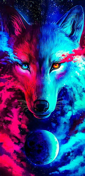 Neon Cosmic Wolf Portrait with Heterochromia and Celestial Moon in Vibrant Digital Art HD phone wallpaper