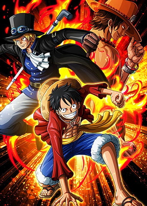 One Piece Luffy Sabo and Ace Dynamic Action Pose With Flames HD phone wallpaper