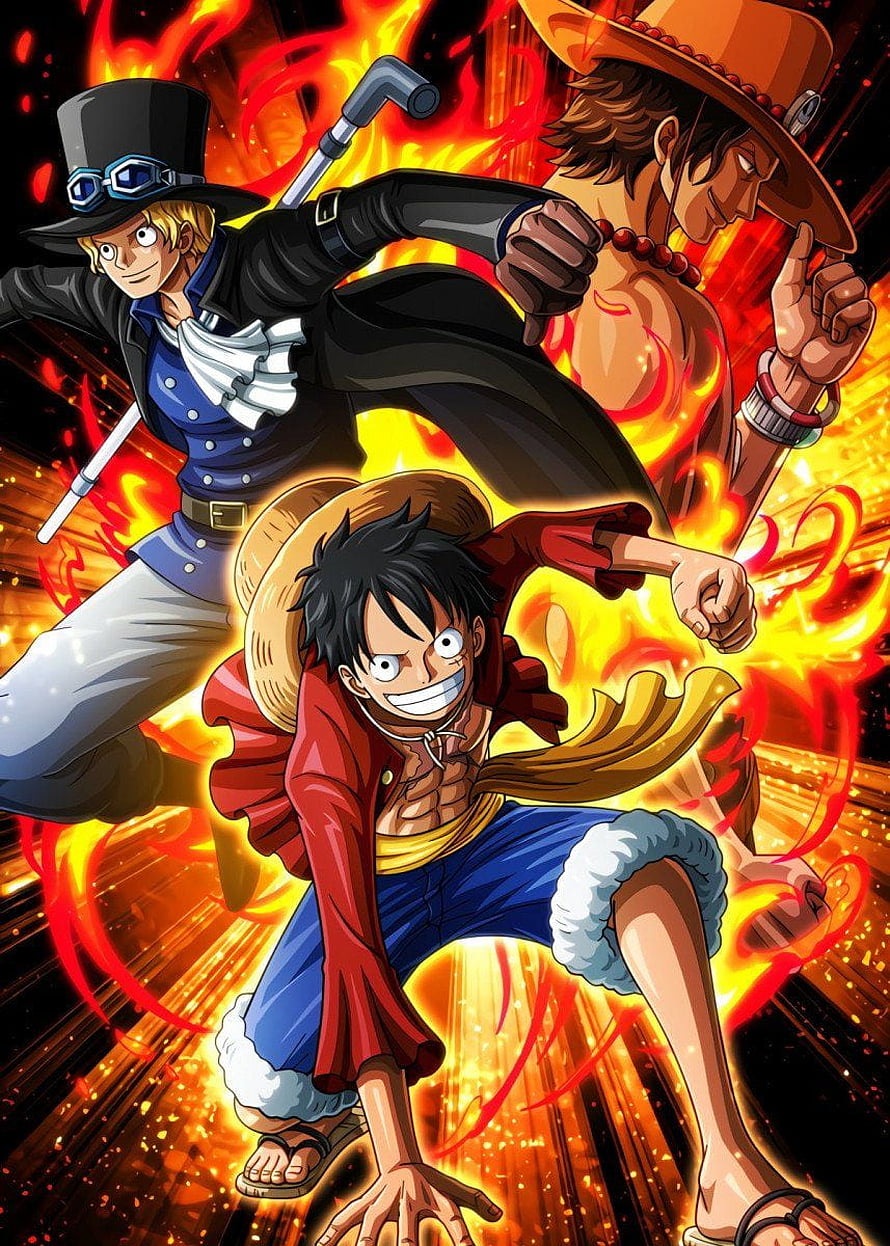 One Piece Luffy Sabo and Ace Dynamic Action Pose With Flames HD phone wallpaper