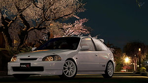 White Honda Civic Type R EK9 Parked Under Nighttime Cherry Blossoms HD wallpaper
