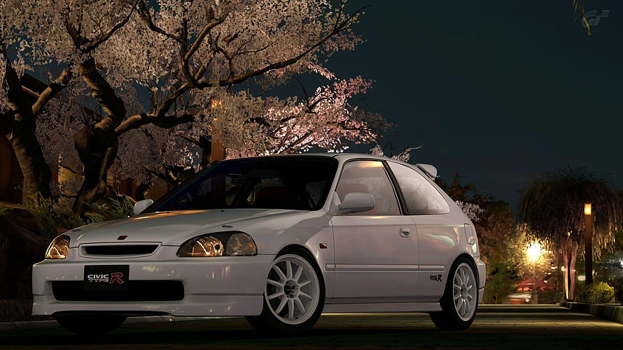 White Honda Civic Type R EK9 Parked Under Nighttime Cherry Blossoms HD wallpaper