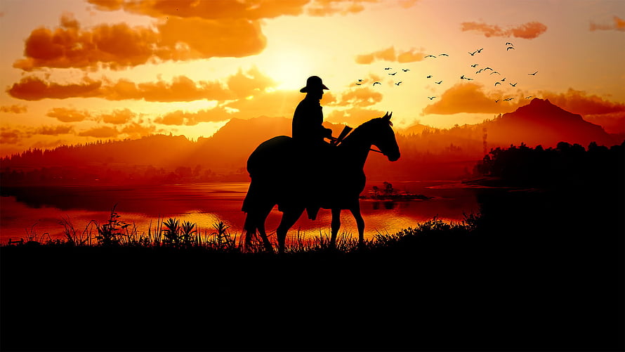 Silhouette of Cowboy Riding Horse at Sunset Over Lake and Mountains HD wallpaper