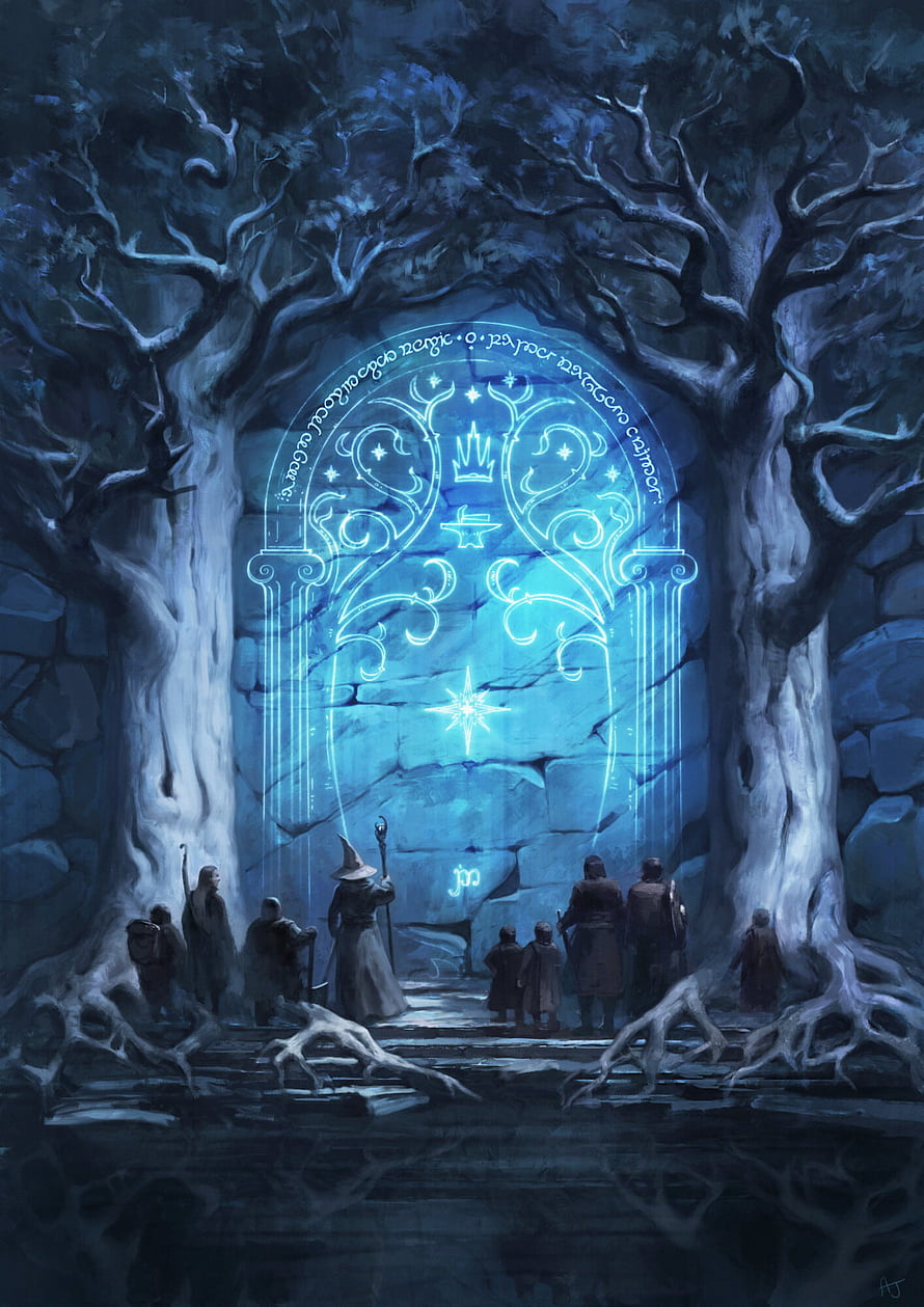 Mystical Blue Magical Portal in Dark Forest with Wizards and Runes HD phone wallpaper