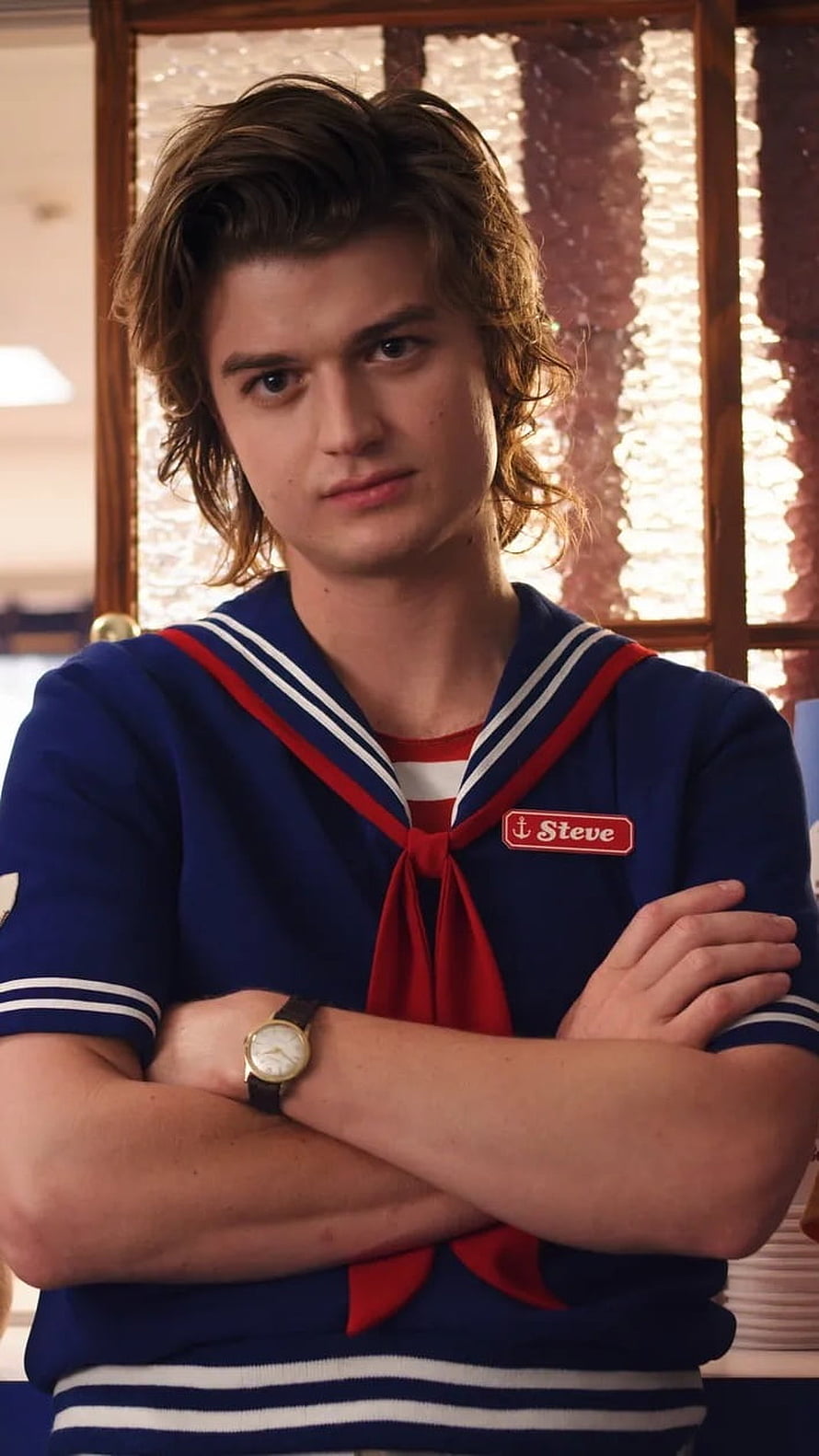 Steve Harrington in Navy Sailor Uniform with Red Scarf and Name Badge HD phone wallpaper