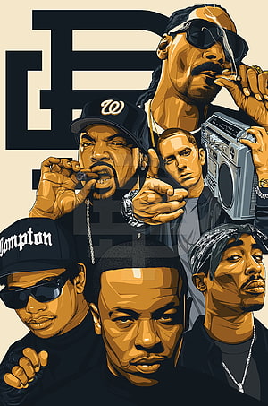 N.W.A. Hip Hop Group Portrait Illustration with Compton Cap and Boombox HD phone wallpaper