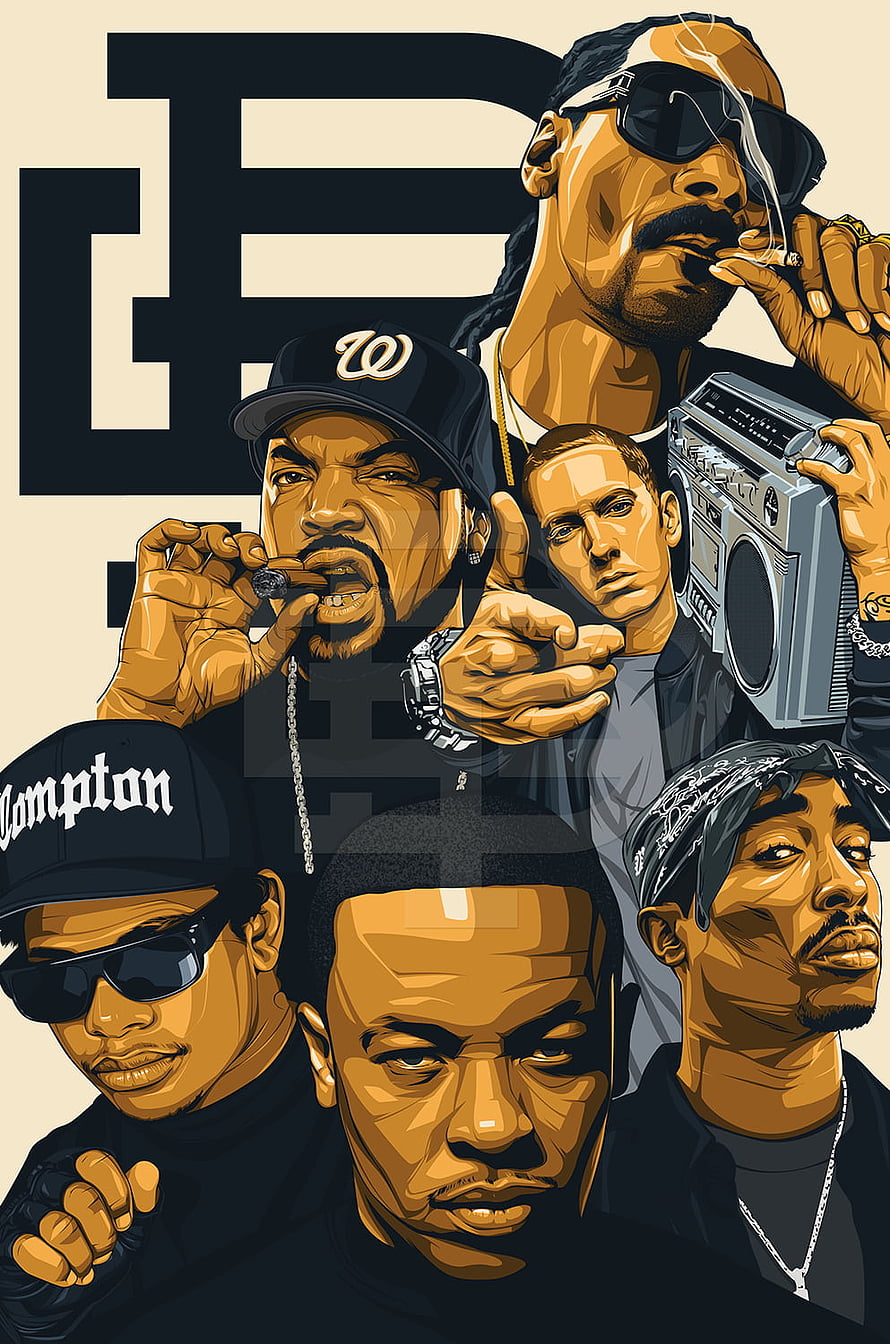 N.W.A. Hip Hop Group Portrait Illustration with Compton Cap and Boombox HD phone wallpaper