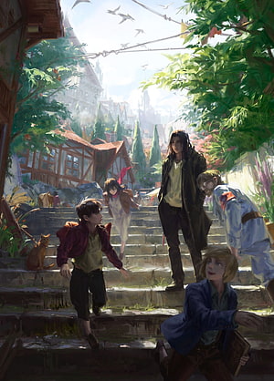 Anime Characters Walking Down Stone Steps in a Lush Fantasy Village HD phone wallpaper