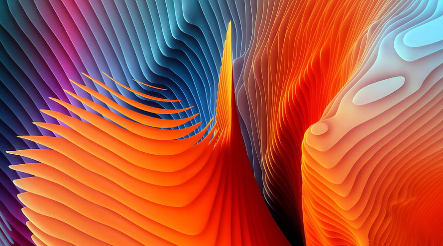 Abstract 3D Layered Waves in Vibrant Orange, Blue, and Purple Gradient HD wallpaper