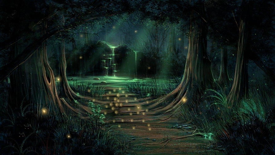 Enchanted Forest Path With Glowing Fireflies And Mystical Green Light HD wallpaper
