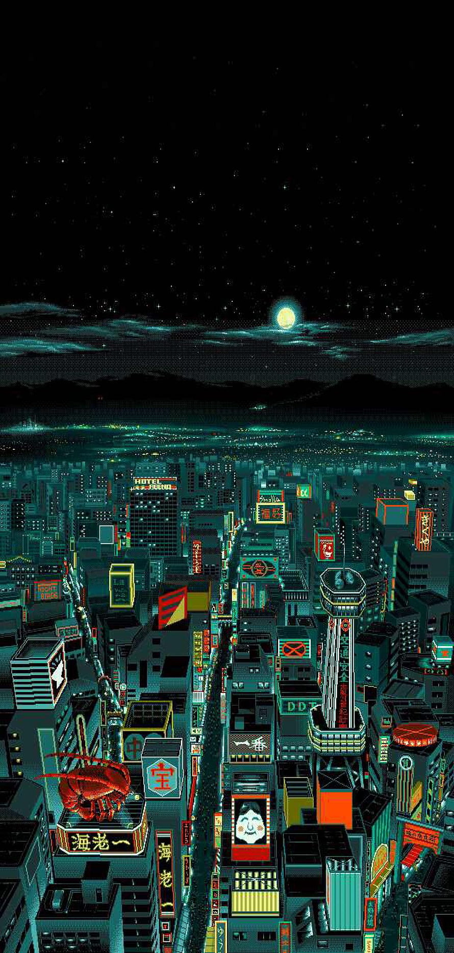 Pixel Art Cyberpunk Cityscape at Night with Neon Signs and Moon HD phone wallpaper