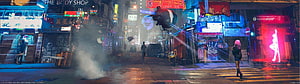 Neon-lit cyberpunk street scene with flying drone, pink-haired woman, and glowing signs in a futuristic Asian cityscape, Dual Monitor Cyberpunk HD wallpaper