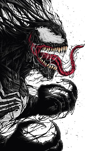 Venom comic book illustration with sharp teeth, long tongue, and black symbiote tendrils on white background HD phone wallpaper