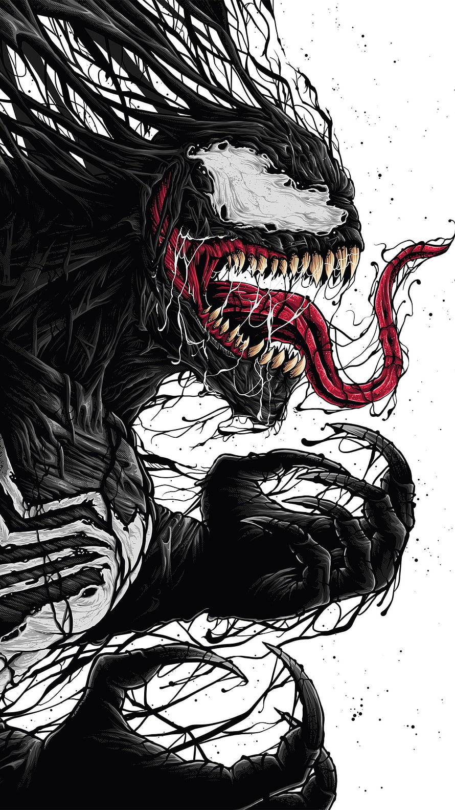 Venom comic book illustration with sharp teeth, long tongue, and black symbiote tendrils on white background HD phone wallpaper