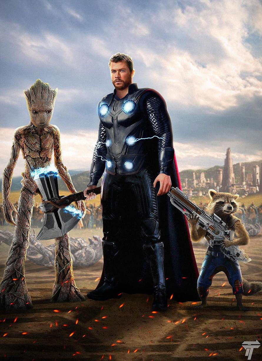Thor, Groot, and Rocket Raccoon Standing Together on a Battlefield HD phone wallpaper
