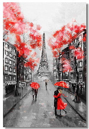 Romantic Paris Street Scene with Eiffel Tower and Red Umbrellas in Autumn HD phone wallpaper