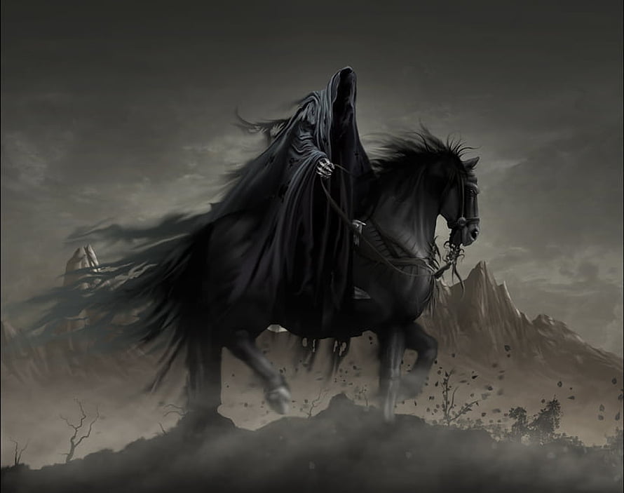 Grim Reaper on a Black Horse in a Desolate Gothic Landscape HD wallpaper