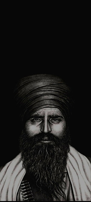 Portrait of a Sikh man with a turban and long beard, wearing a bandolier of bullets, in a dramatic black and white style, Sant Bhindranwale, eye, Sikh, beard, dom, Kharku, Punjab, NotATerrorist, Truth, HumanRights, India HD phone wallpaper