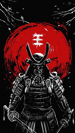 Black and White Samurai Warrior Illustration with Red Sun Background HD phone wallpaper