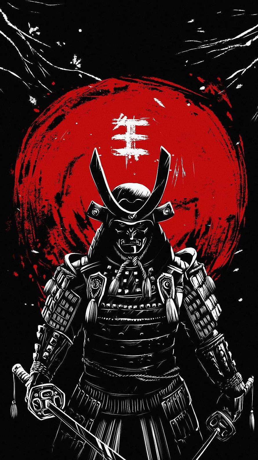 Black and White Samurai Warrior Illustration with Red Sun Background HD phone wallpaper
