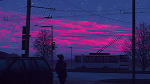 Lone Figure Watching Trolleybus Under Vibrant Pink and Purple Starry Sky HD wallpaper