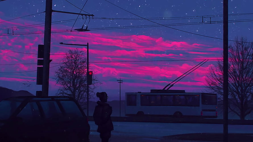 Lone Figure Watching Trolleybus Under Vibrant Pink and Purple Starry Sky HD wallpaper