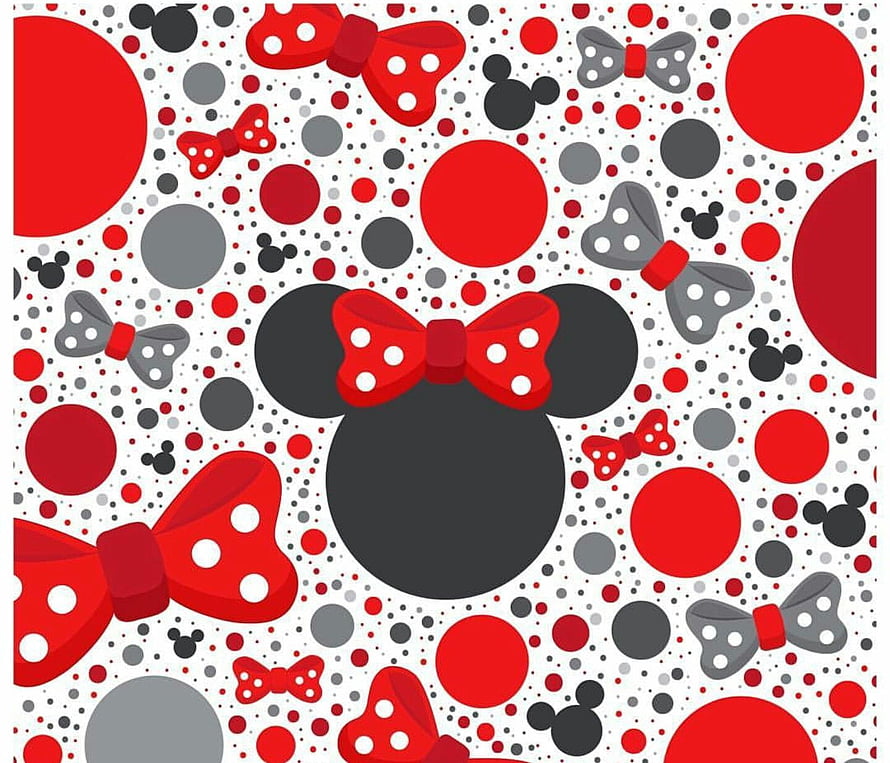 Minnie Mouse Silhouette with Red Polka Dot Bow and Scattered Disney Pattern HD wallpaper
