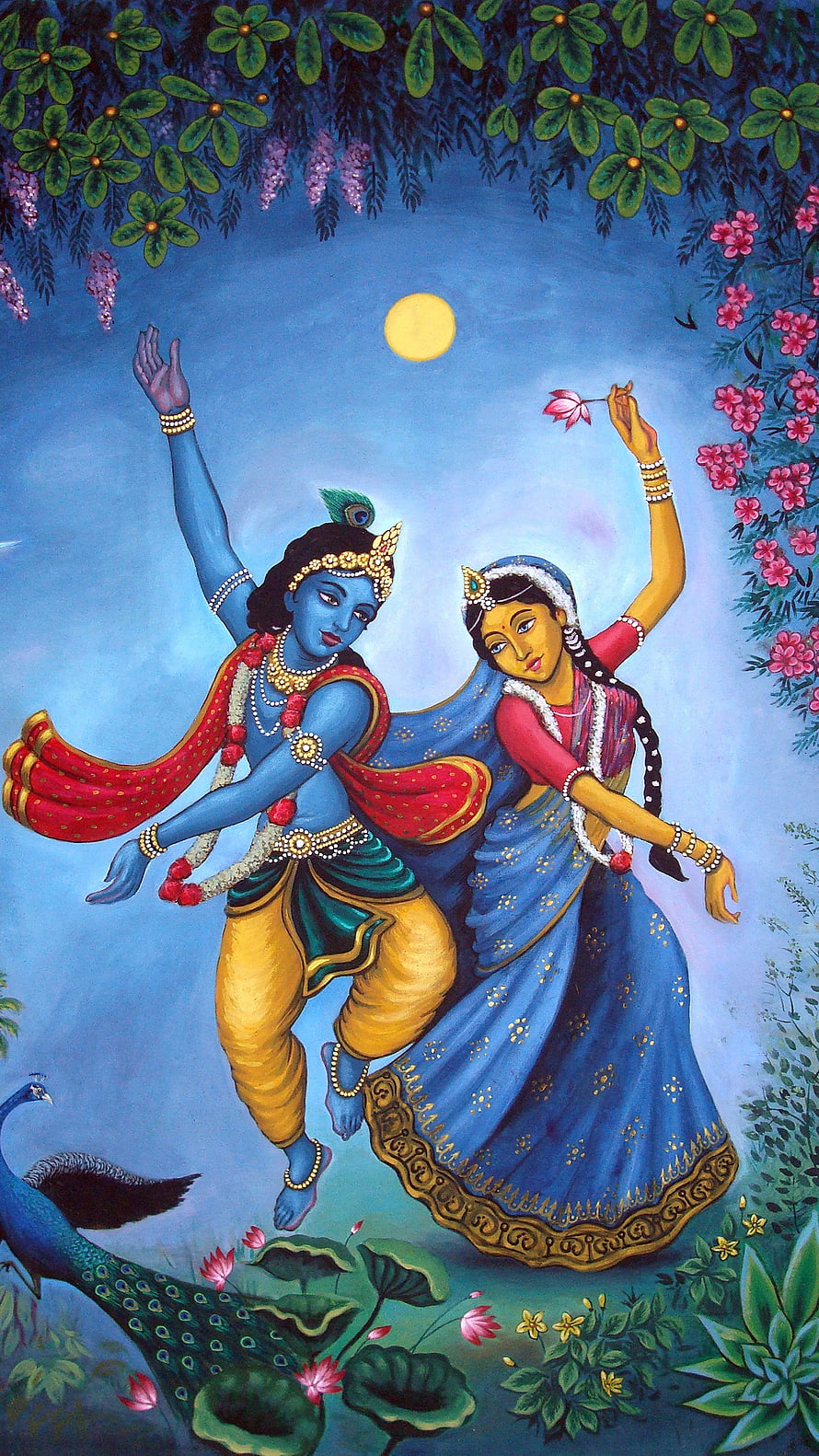 Radha Krishna Dancing Under Moonlight in a Lush Garden with Peacock and Lotus Flowers HD phone wallpaper