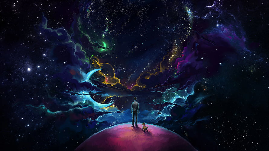 Man and Dog Standing on a Glowing Planet Under a Vibrant Cosmic Nebula, Man And Dog And Neon Space Resolution, Full, Ultra Space HD wallpaper