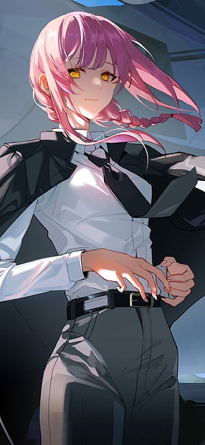 Anime Girl With Pink Hair And Yellow Eyes Wearing A Black Suit And White Shirt HD phone wallpaper