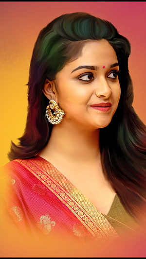 Keerthi Suresh Digital Portrait in Traditional Saree with Gold Jewelry HD phone wallpaper