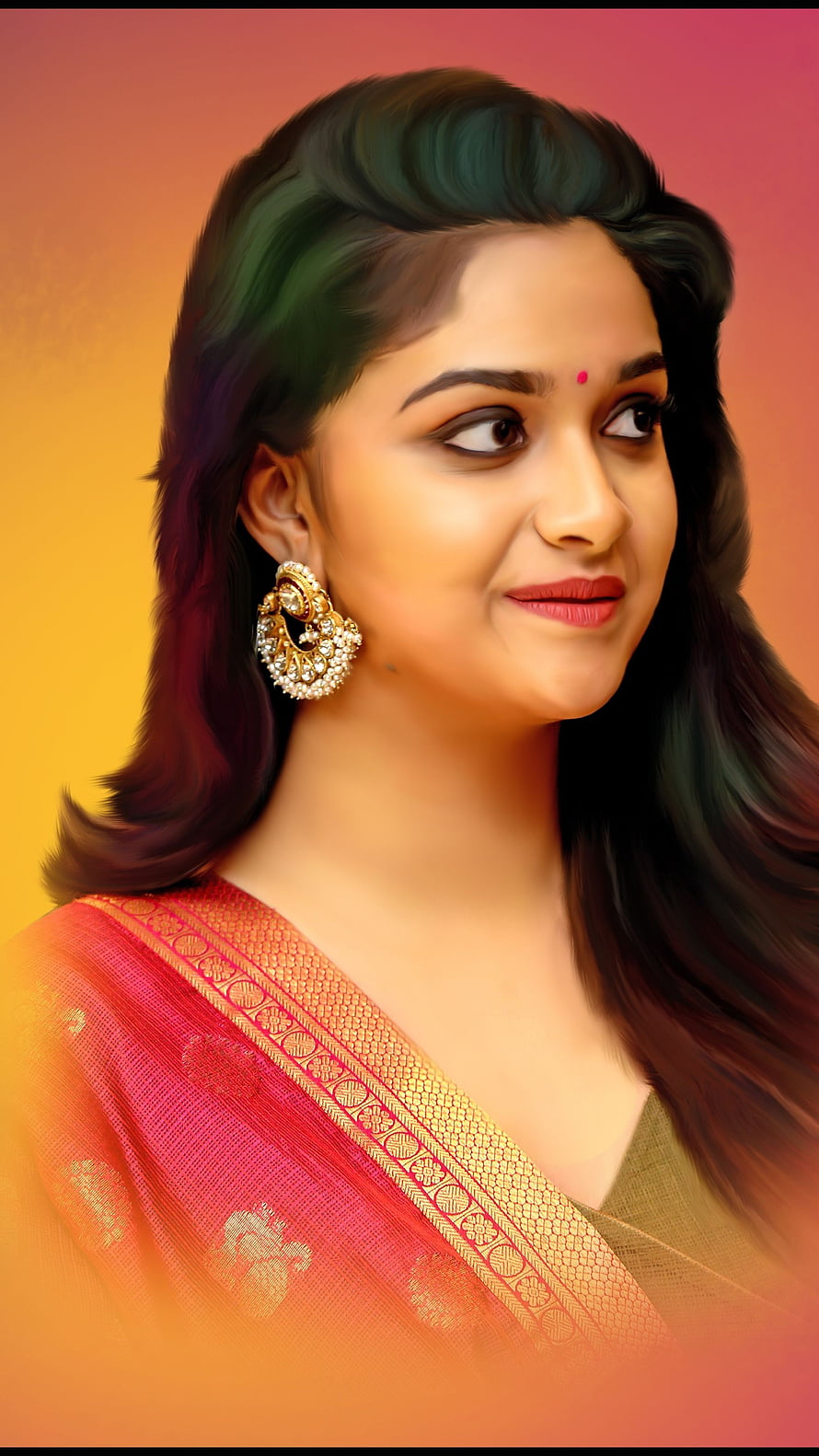 Keerthi Suresh Digital Portrait in Traditional Saree with Gold Jewelry HD phone wallpaper