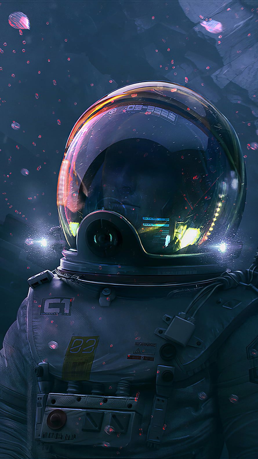 Futuristic Astronaut in Space Suit with Glowing Helmet and Floating Particles HD phone wallpaper