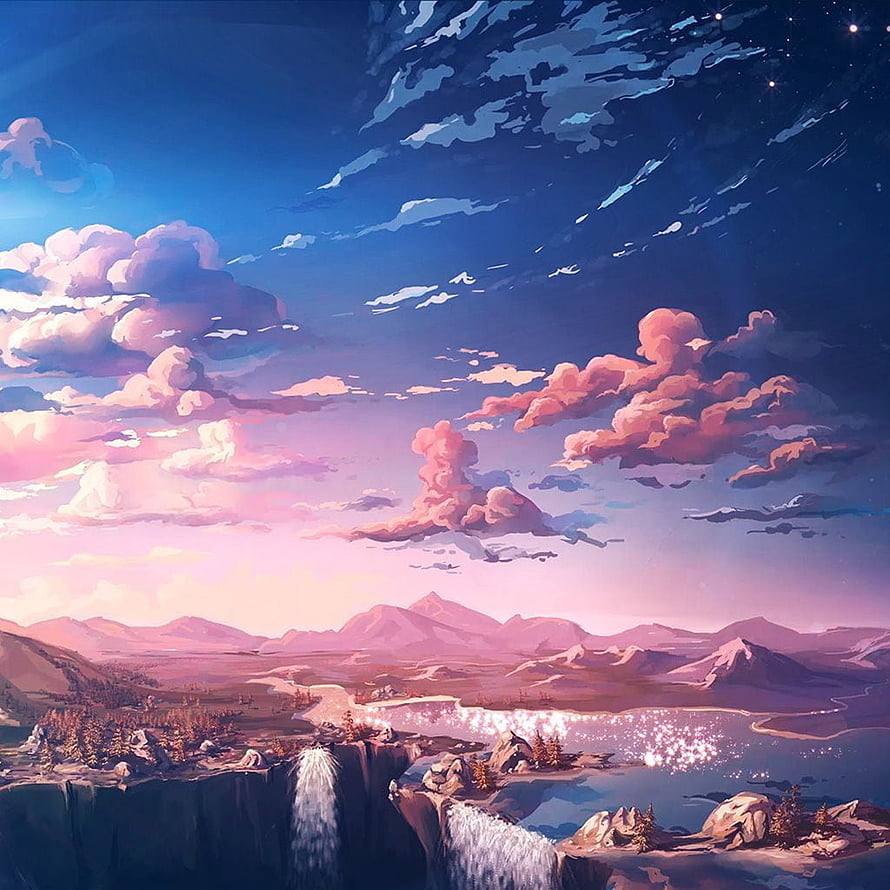 Anime Landscape Wallpaper Featuring Waterfall, Lake, and Pink Sunset Sky HD phone wallpaper