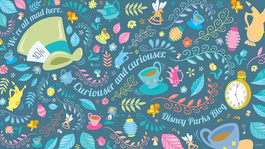 Alice in Wonderland whimsical tea party pattern with Mad Hatter top hat and pocket watch HD wallpaper