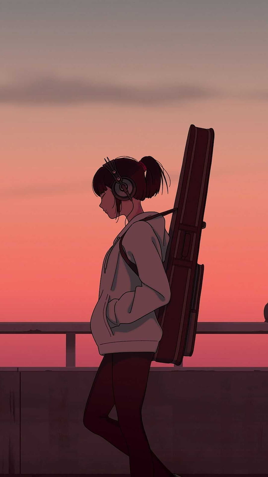 Anime Girl Walking With Guitar Case And Headphones At Sunset HD phone wallpaper