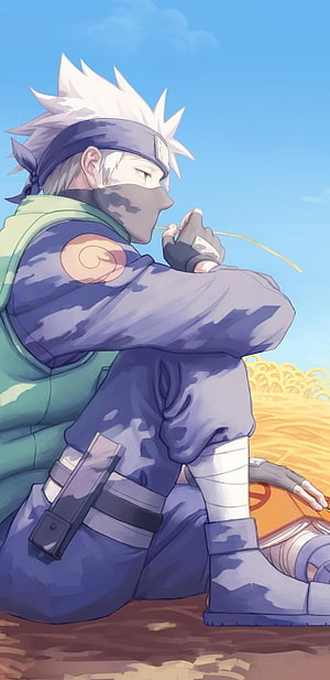 Kakashi Hatake Eating Strawberries in a Golden Field Anime Wallpaper HD phone wallpaper