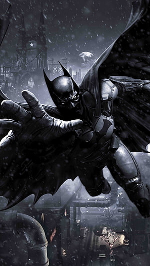 Batman Arkham Knight Dark Knight Gliding Through Snowy Gotham City Night, Batman Arkham Knight X, Batman Dark HD phone wallpaper