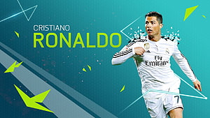 Cristiano Ronaldo in Real Madrid Kit with Geometric Teal Background HD wallpaper
