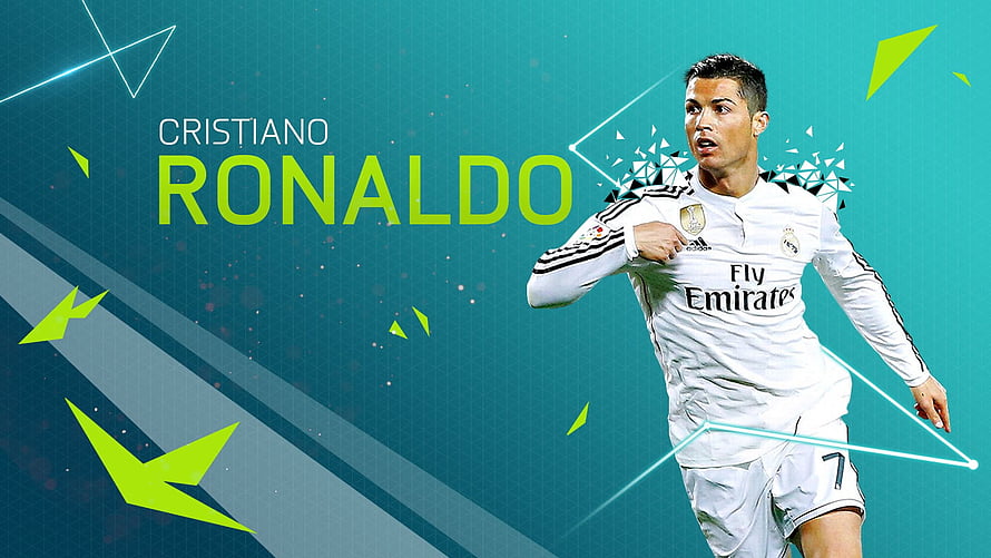 Cristiano Ronaldo in Real Madrid Kit with Geometric Teal Background HD wallpaper