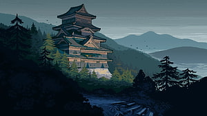Japanese Castle in the Mountains Pixel Art Wallpaper HD wallpaper