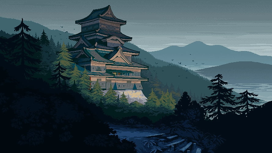 Japanese Castle in the Mountains Pixel Art Wallpaper HD wallpaper