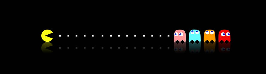 Pac-Man and Ghosts Chasing Dots on Black Background, Amazing creative dual screen monitor, 3840X1080 Dual Screen Monitor HD wallpaper