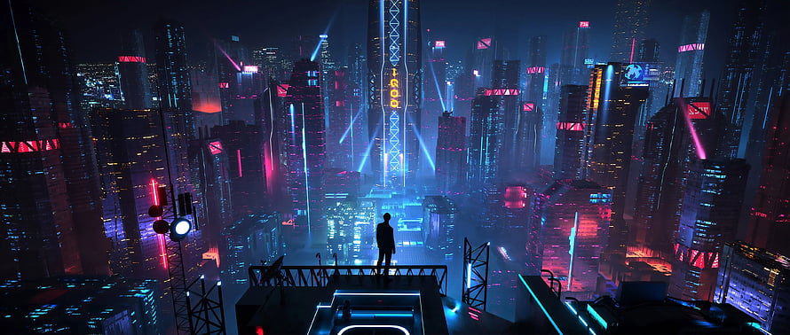 Cyberpunk 2077 Night City skyline with lone figure overlooking neon-lit futuristic metropolis at night HD wallpaper