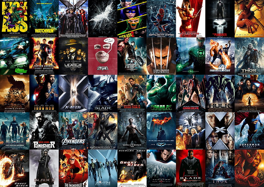 Superhero Movie Poster Collection Featuring Marvel, DC, and Action Film Characters HD wallpaper